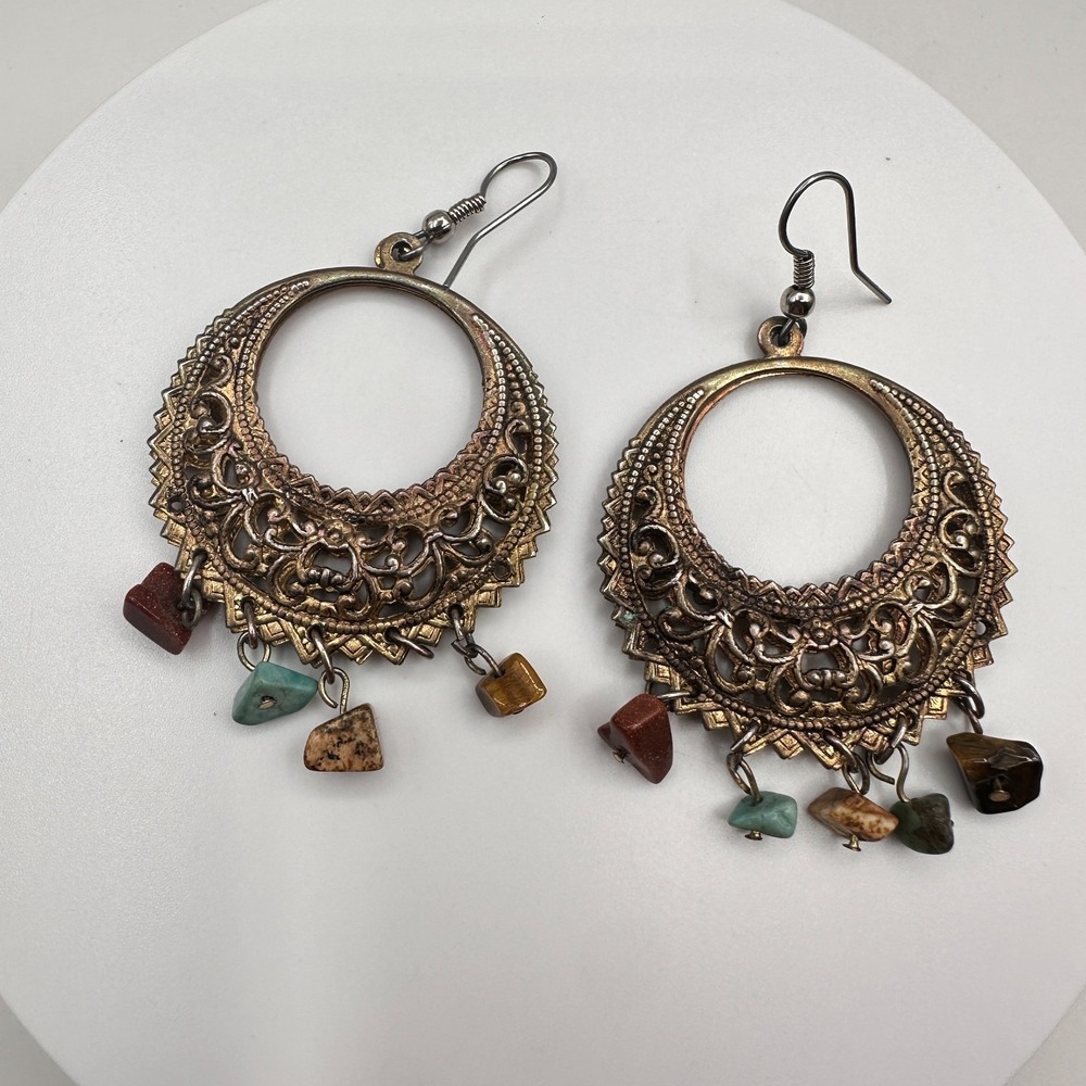 Vintage 90s Natural Stone Chip Crescent Hoop Earrings Boho Bronze Tone